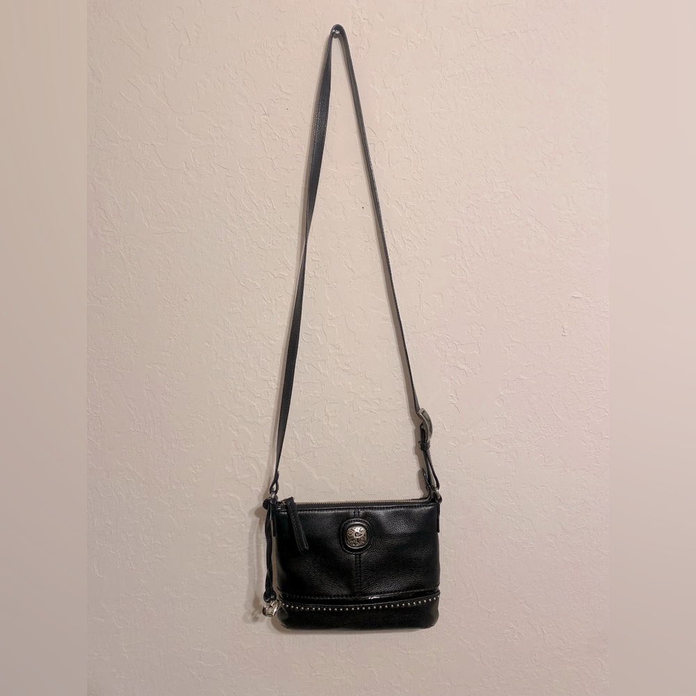 Crossbody Brighton black leather purse with silver accents